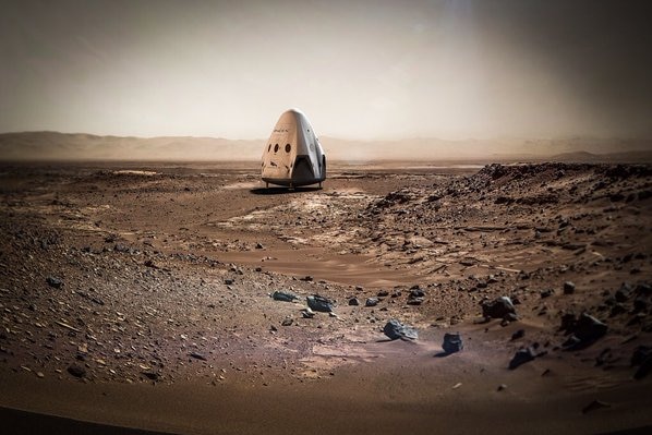 A digital image of SpaceX's lander sitting on Mars