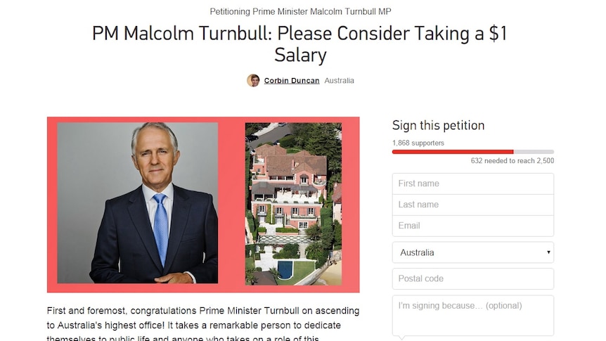 Online petition calling on Malcolm Turnbull to take a $1 salary