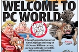 The front page of the Herald Sun shows several cartoons depicting public figures and the headline "Welcome to PC World"