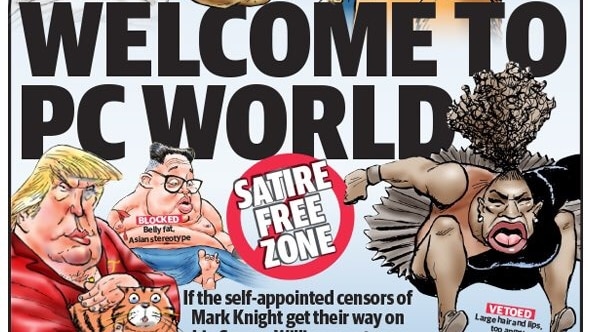 The front page of the Herald Sun shows several cartoons depicting public figures and the headline "Welcome to PC World"