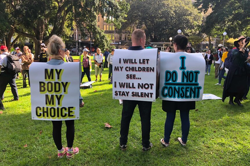 Three people in Hyde Park wearing placards with anti-vaccination messages.