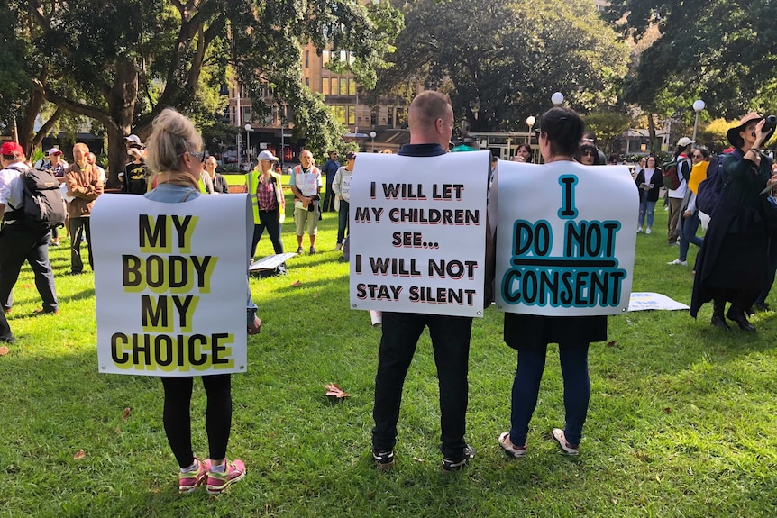 Three people in Hyde Park wearing placards with anti-vaccination messages.