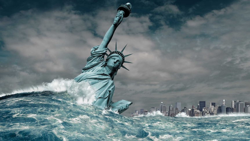 An artist's impression shows the Statue of Liberty under floodwaters, with the New York skyline in the background.