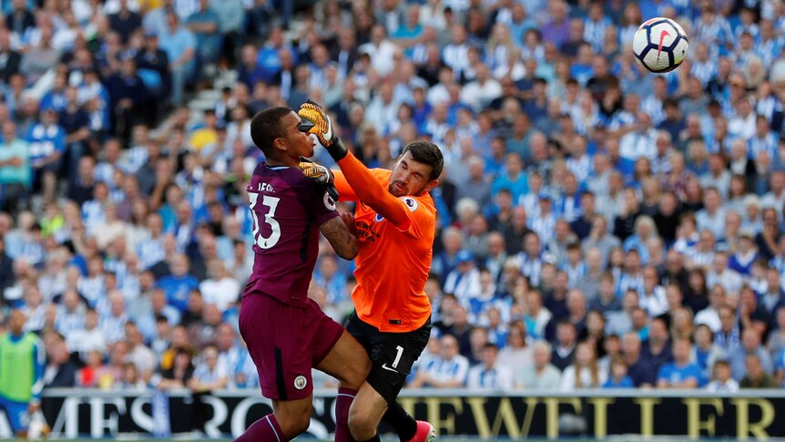 Manchester City's Gabriel Jesus scores a goal past Matt Ryan which is later disallowed.