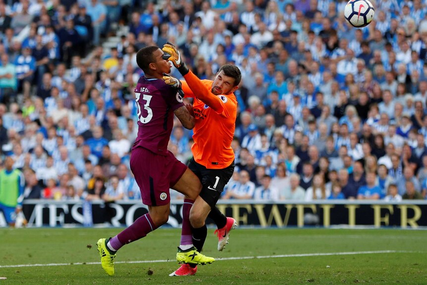 Manchester City's Gabriel Jesus scores a goal past Matt Ryan which is later disallowed.