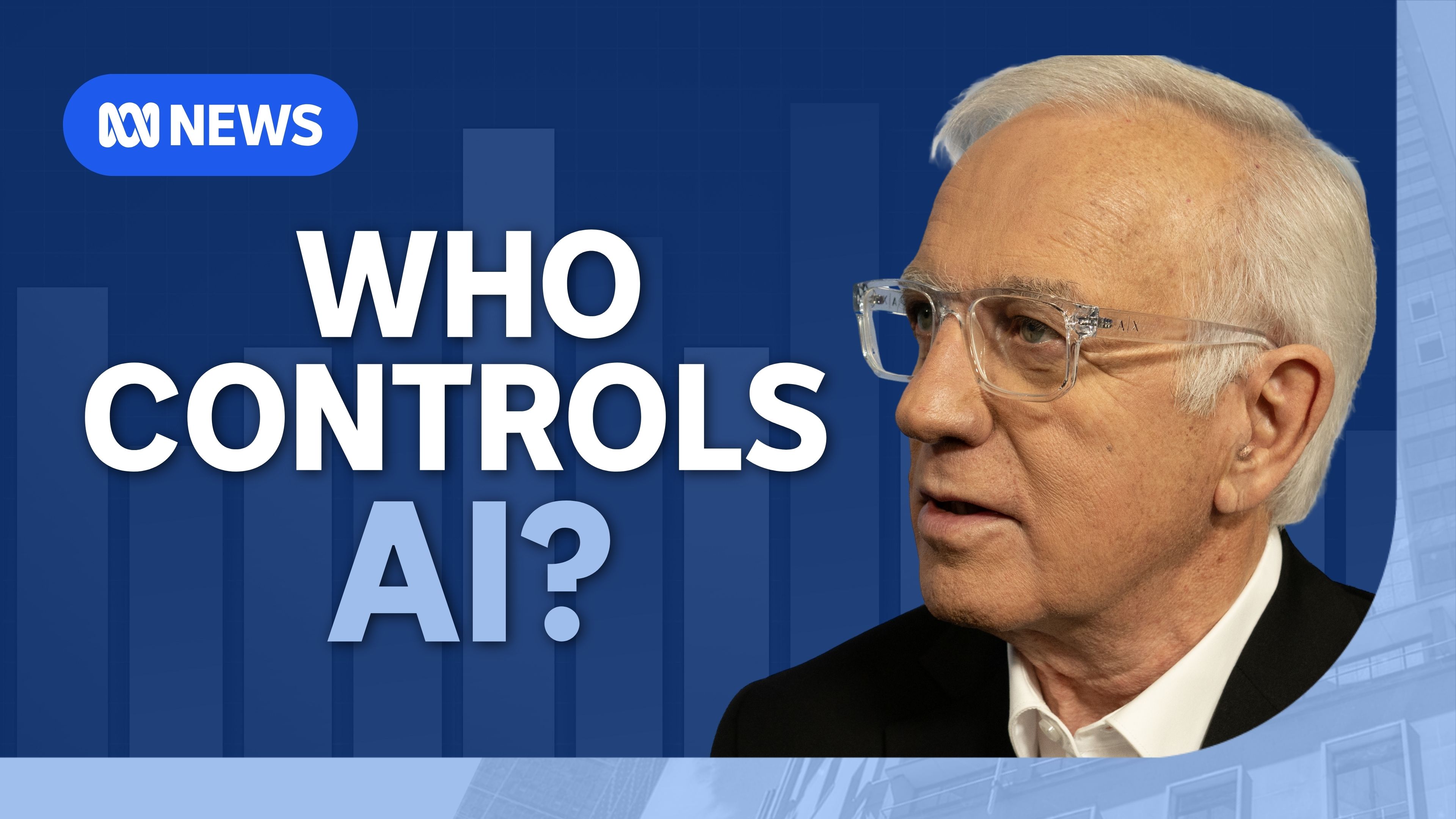 a man with glasses superimposed on a blue background that says "Who controls AI?" 