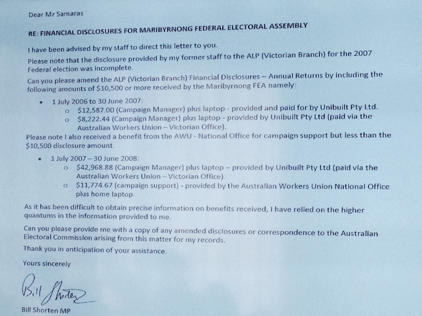 Bill Shorten letter re electoral disclosure