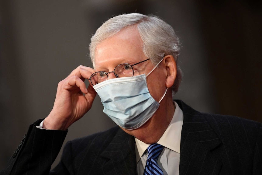 Senate Majority Leader Mitch McConnell (R-KY) wears a face mask