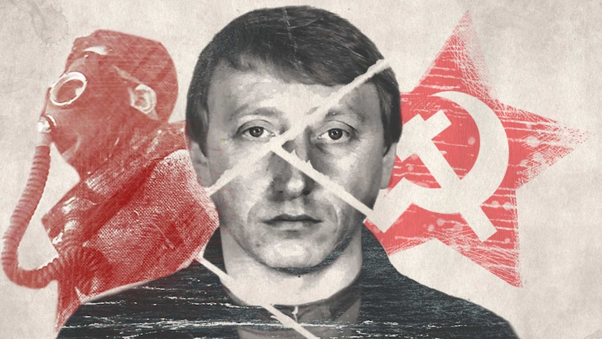 Bernovski's headshot, super-imposed in front of a soviet hammer and sickle and man in old-fashioned scuba mask.