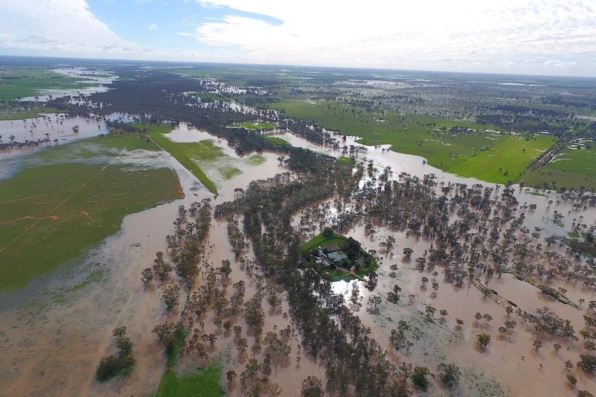 An aerial shot of flooded agricultural land.