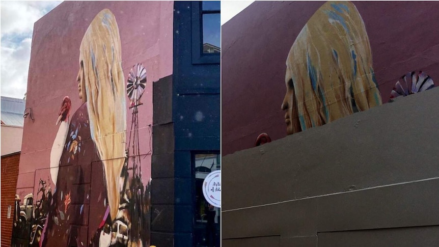 On the left, an image of street art featuring a blonde woman carrying a white duck. On the right, the art has been painted over