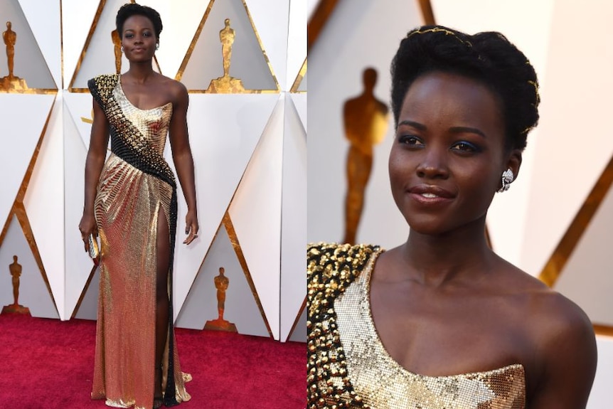 Black Panther star Lupita Nyong'O wore gold and black on the red carpet.