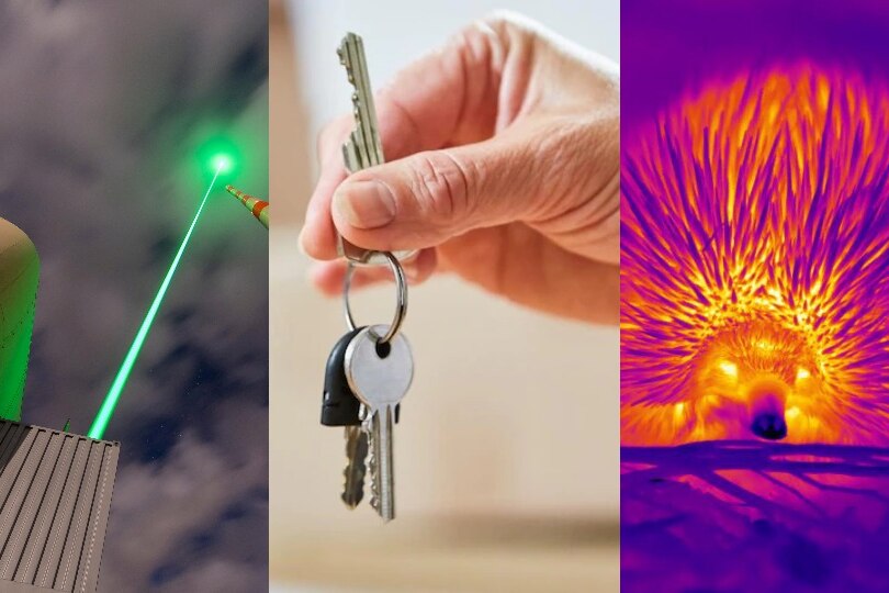 A composite of three images: A giant laser pointed to the sky; a hand holding keys; a heat map image of an echidna