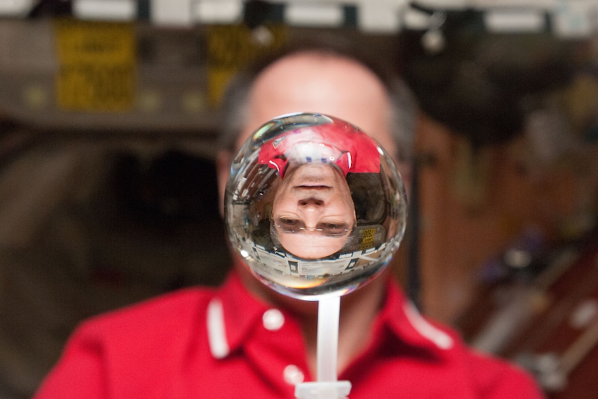 A large bubble of water showing a refracted image of a man's face.