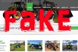 A screenshot of a tractor-selling website with the word "fake" written across it in big red letters 