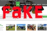 A screenshot of a tractor-selling website with the word "fake" written across it in big red letters 
