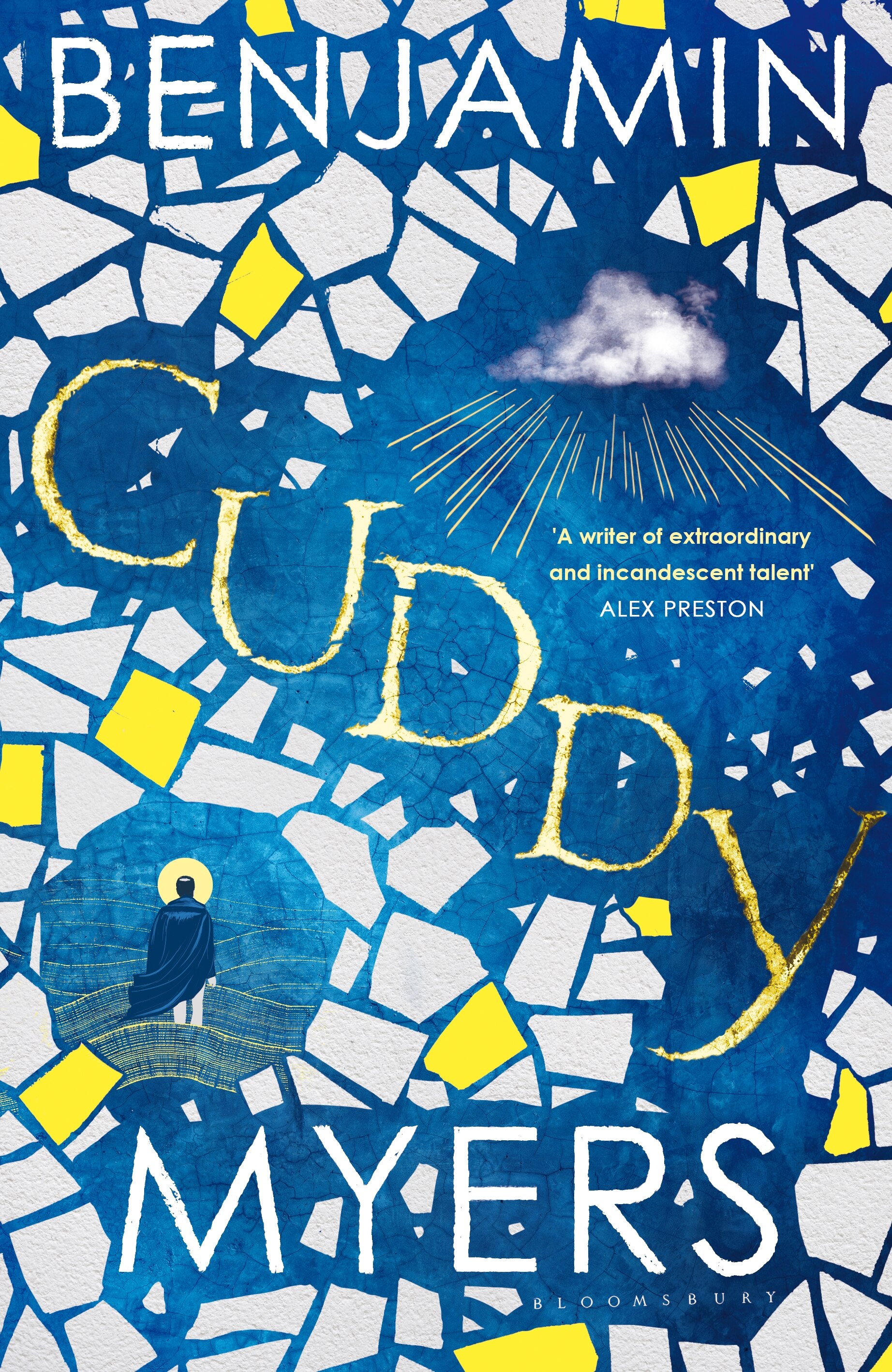 A book cover showing a mosaic-style illustration on a blue background; a cloud is top right and a person with a halo bottom left