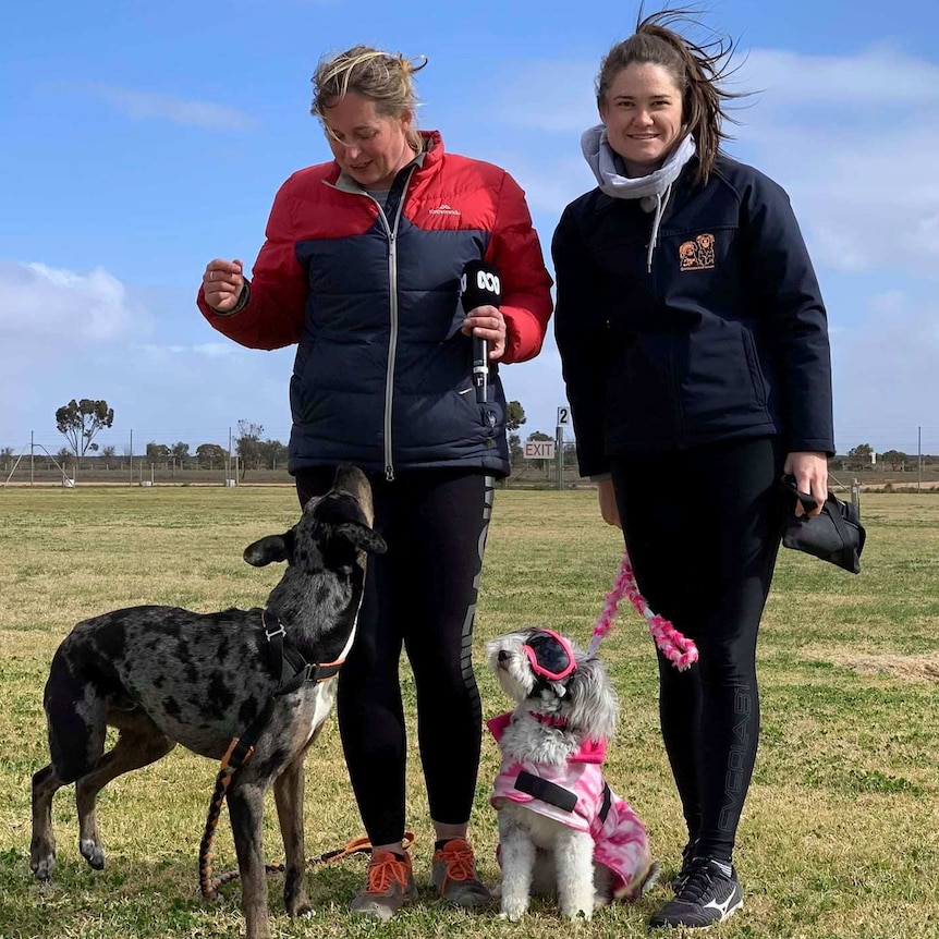 Two women stand side by side with their dogs in front of them. One dog is wearing a pink jacket and pink glasses.