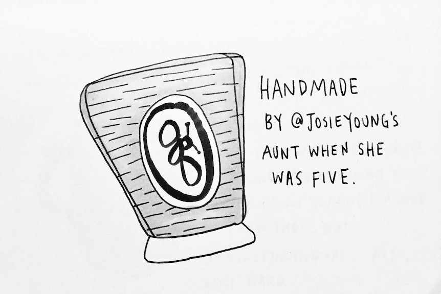 Black and white drawing of clay cup. Text next to drawing: "Handmade by Josie Young's aunt when she was five."
