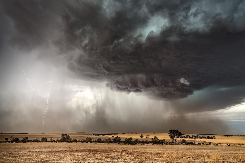 A dark and vengeful-looking storm rolls over farmland.