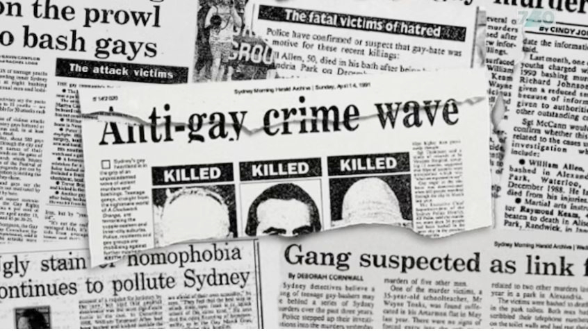 a composite image of old black and white newspapers with the  headlines about anty gay crime wave