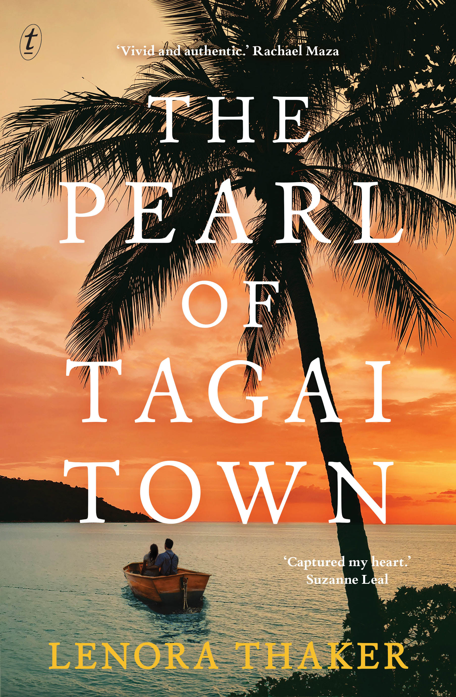 Book cover featuring a sunset and palm tree and two people in a small dingy boat.