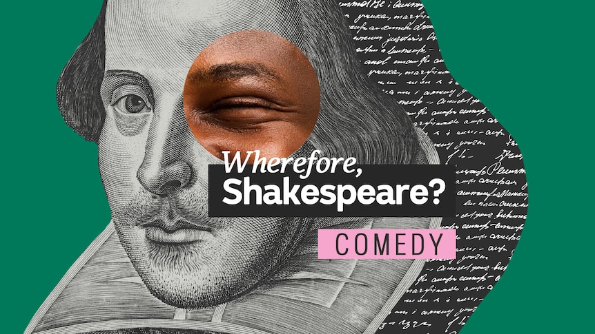 A composite image William Shakespeare with a winking eye. The text 'Wherefore, Sheakespeare? Comedy' is superimposed.