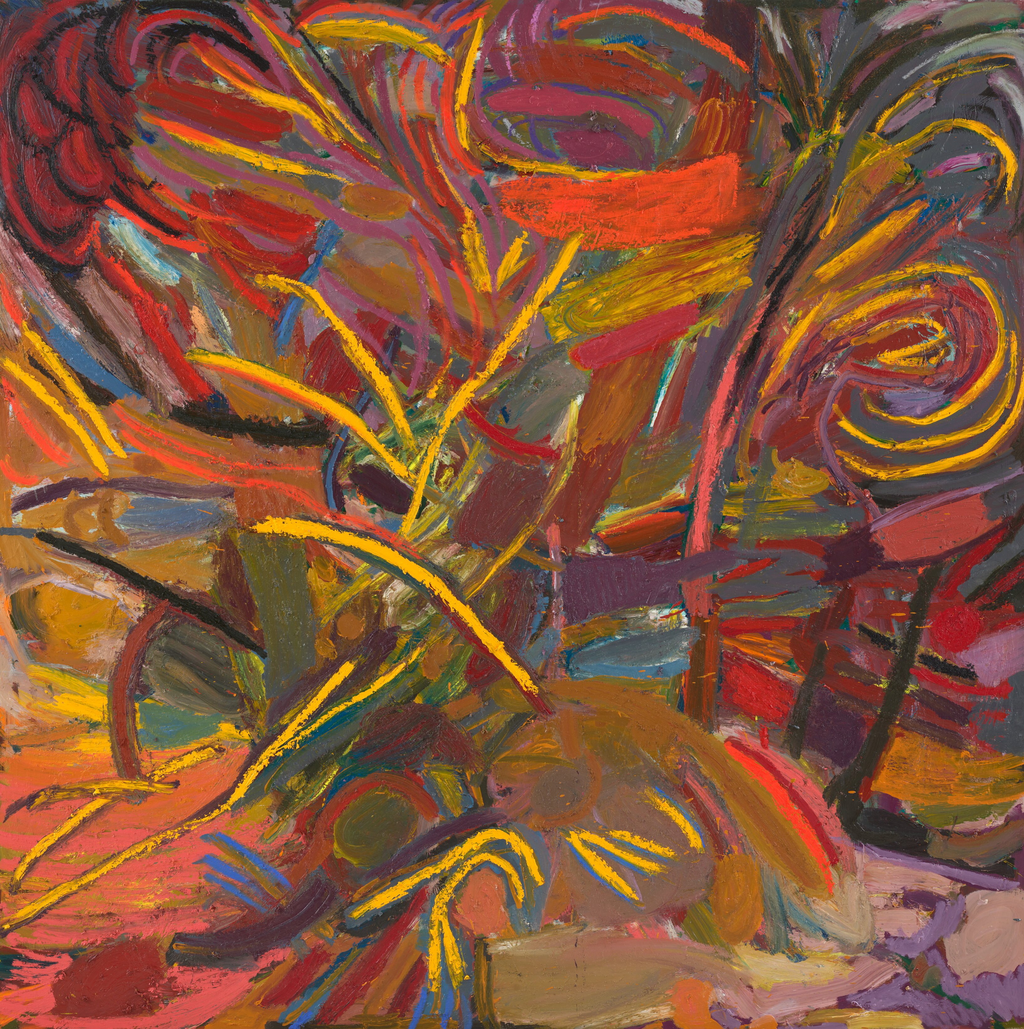 Painting of thick lines of many different colours swirling together.