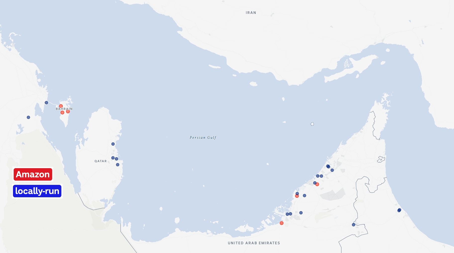A map showing a cluster of data centres in several nations on the Persian Gulf, right across the water from Iran