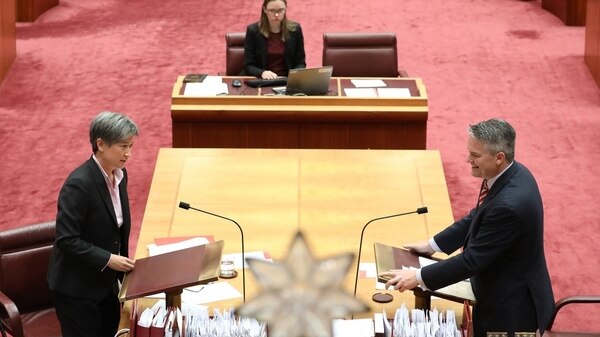 Penny Wong and Mathias Cormann stare at each other in the Senate.