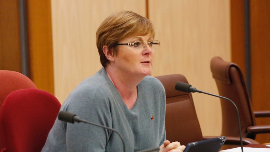 Senator Linda Reynolds asking questions in a parliamentary committee hearing. She's wearing glasses and a grey top.