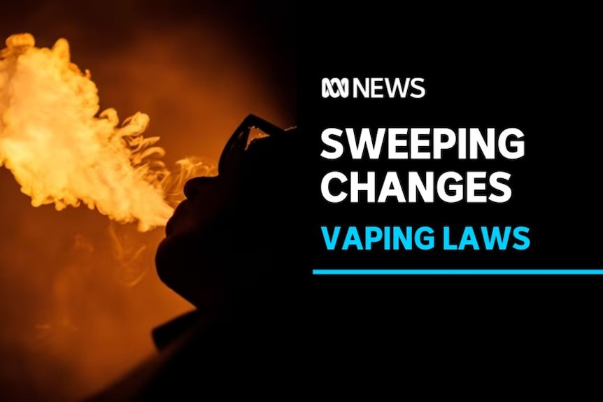 Sweeping Changes, Vaping Laws: An orange-hued photo of a silhoueted person in sunglasses exhaling vapour.