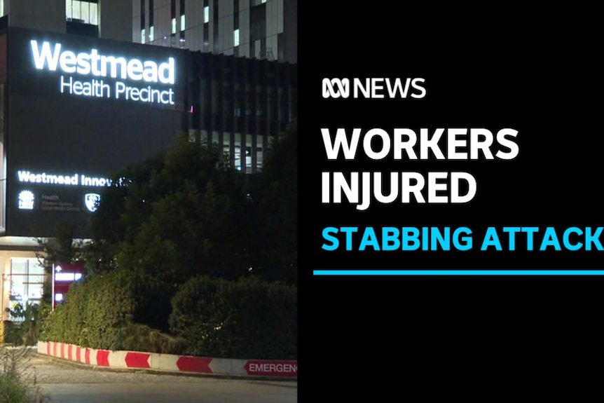 Workers Injured, Stabbing Attack: Westmead Hospital exterior at night.