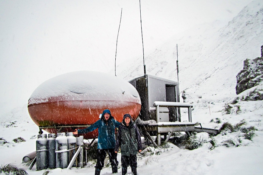 Mel Wells, right, at a field hut on Macquarie Island 2017