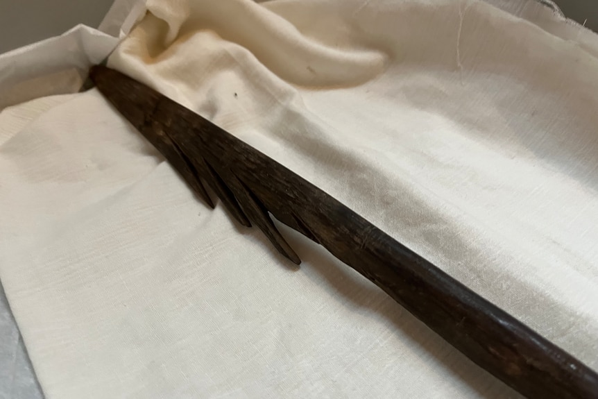 Close-up of a wooden Aboriginal combat spear resting on white fabric.