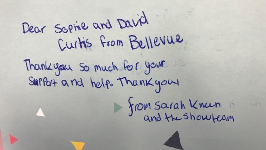 Note that says, "Dear Sophie and David Curtis from Bellevue, Thank you so much for your support and help. Thank you, Sarah."
