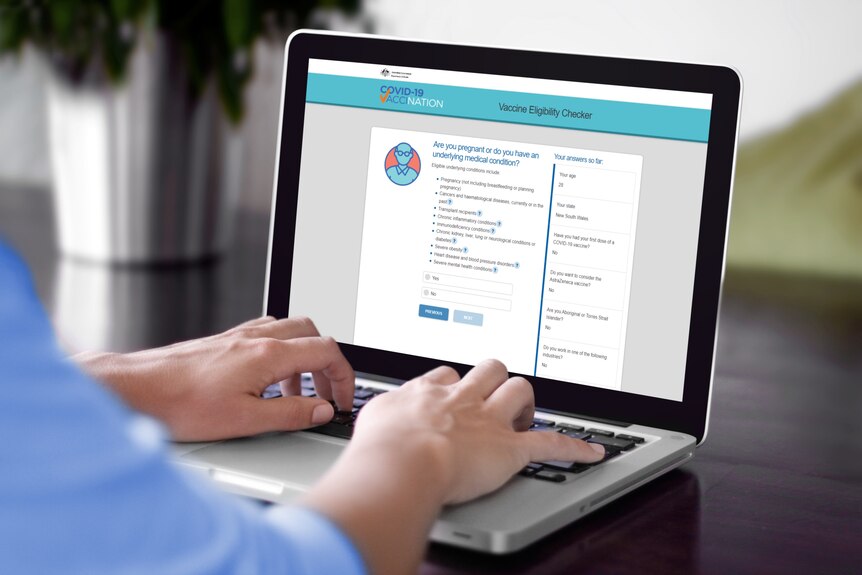A laptop screen shows a vaccine eligibility checking tool, with a question for pregnant women.