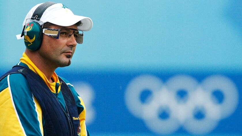 Australian shooter Michael Diamond looks on during the bronze medal shoot-off, which he lost, in the men's trap final at the Beijing Shooting Range Hall on day two of the Beijing Olympics on August 10, 2008.