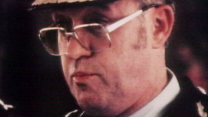 Tight headshot of Queensland police commissioner Terry Lewis speaking to the media in Brisbane in the 1980s.