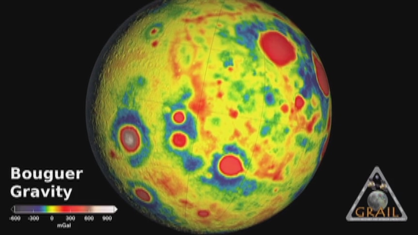 The colours represent differences in the gravity of the moon caused by variations in crustal thickness or density.