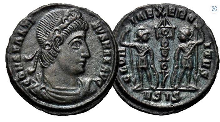 Two coins one with a roman persons head on it, the other with two people with spears and a symbols in between