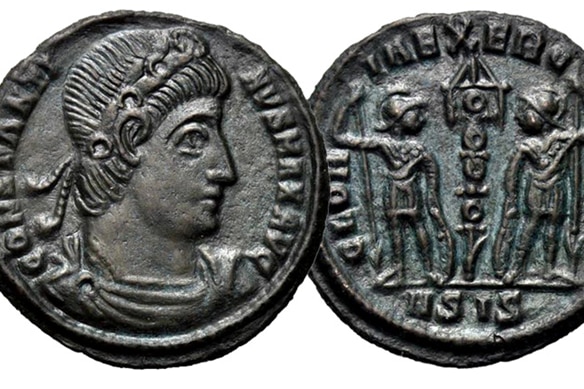 Two coins one with a roman persons head on it, the other with two people with spears and a symbols in between