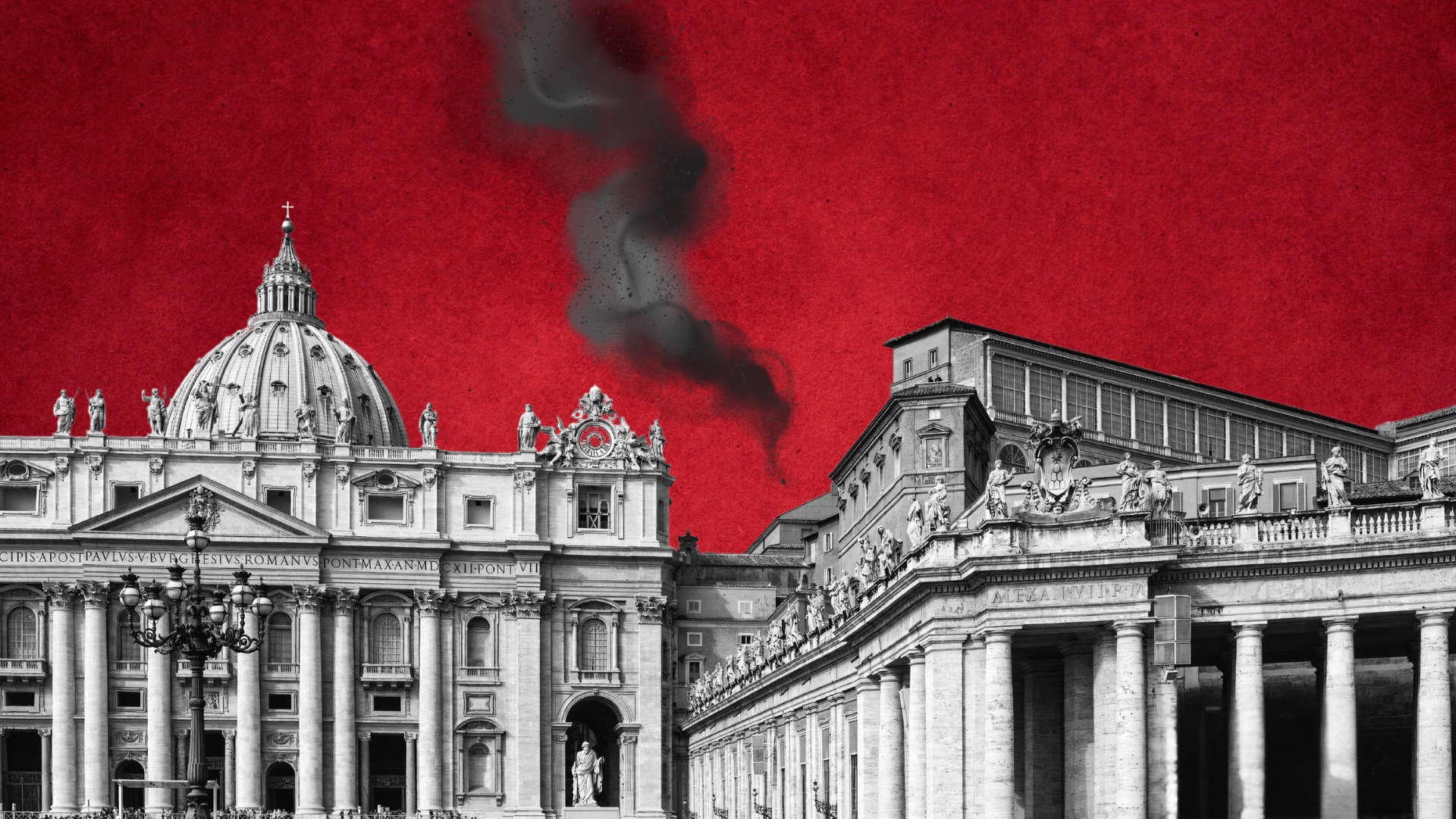 A graphic with textured red background, a black and white cut-out of the Sistine Chapel and St Peters Basilica, and black smoke.