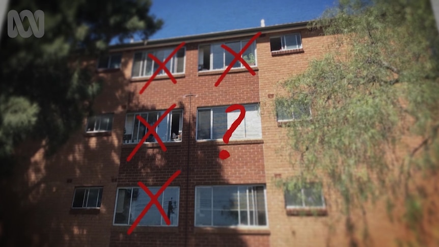 Apartment block with red crosses over apartments and a question mark over one