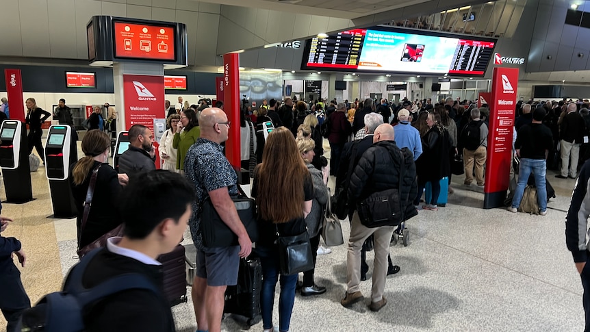 People queuing at an airport.