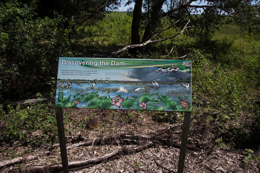 A photo of a sign showing wildlife at Fogg Dam during times of higher water levels.