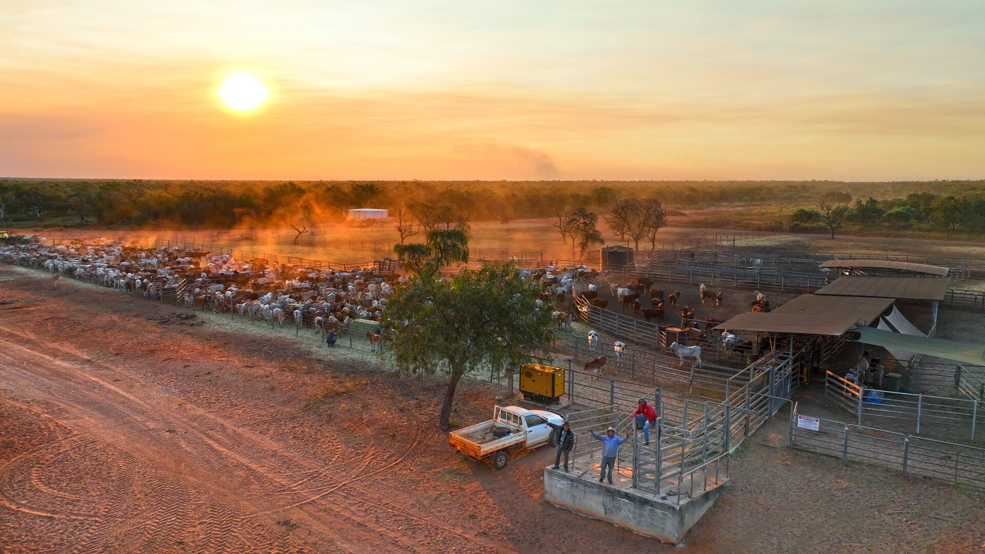 An outback cattle station at dusk.