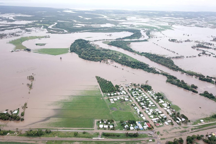 Aerial of flooded town of Giru and surrounding area, south-east of Townsville in north Queensland.