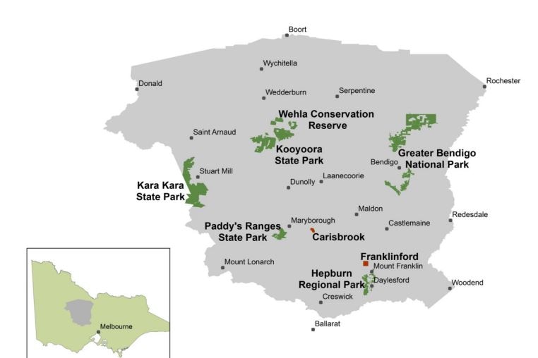 A map of Dja Dja Wurrung country, with six state and national parks highlighted in green