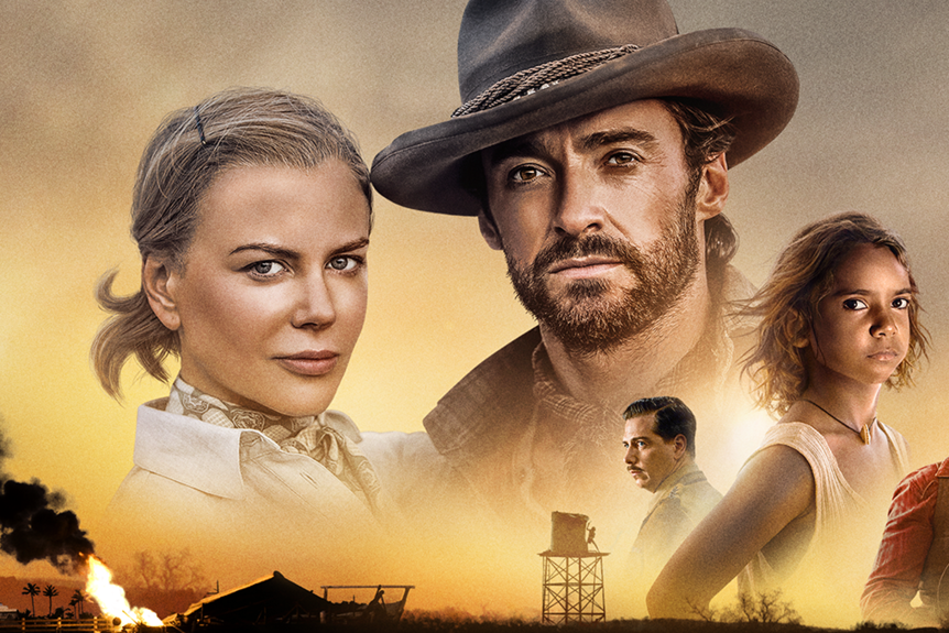A movie poster for Faraway Downs featuring actors Nicole Kidman and Hugh Jackman